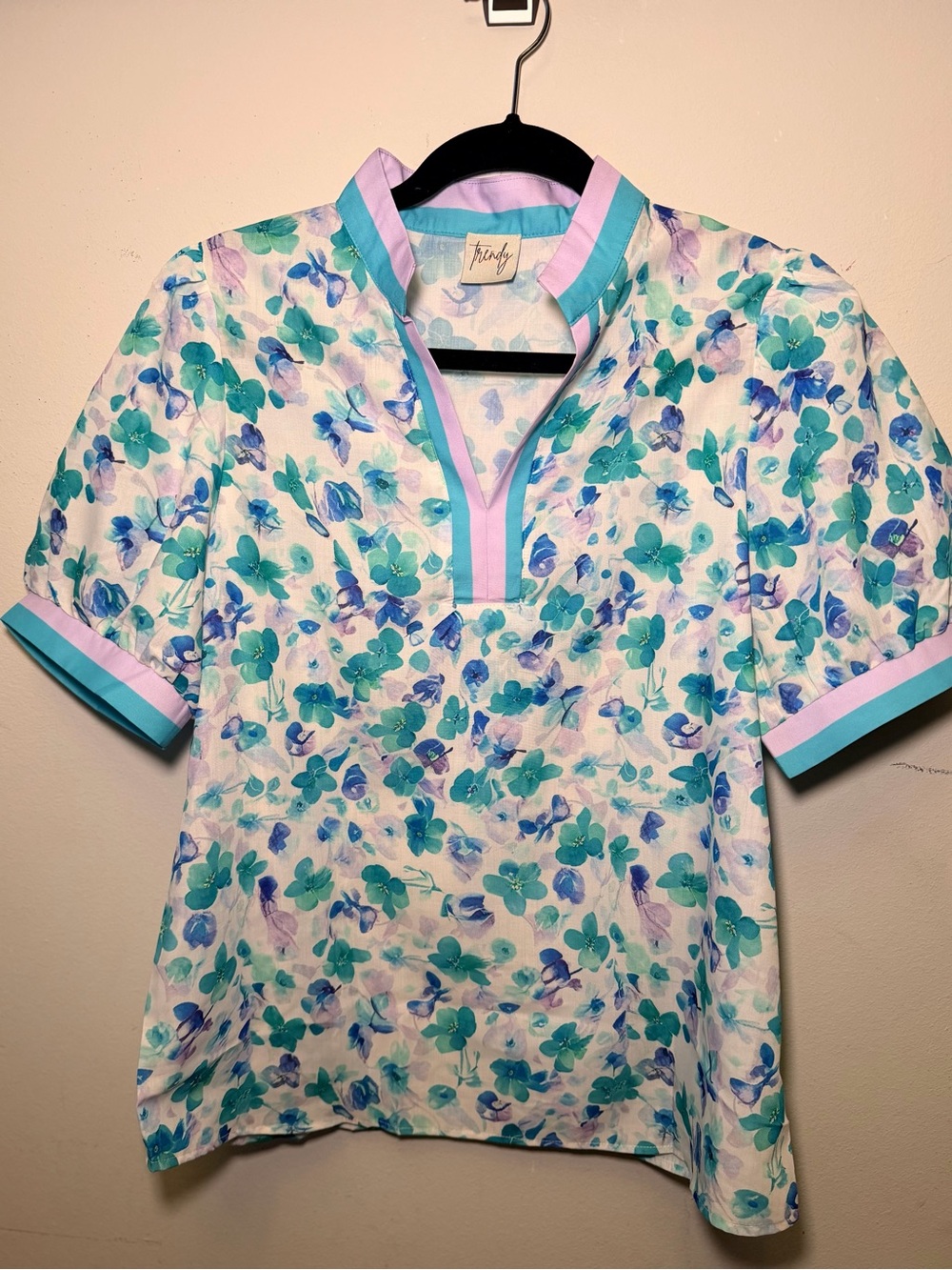 Trendy boutique White Floral Top with Teal & Lavender Trim